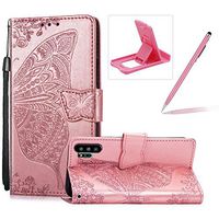 Strap Leather Case for Samsung Galaxy Note 10 Plus,Wallet Cover for Samsung Galaxy Note 10 Plus,Herzzer Classic 3D Rose Gold Butterfly Flower Print Relief Magnetic Stand Case with Soft TPU