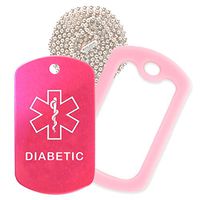 Diabetic Medical Alert ID Necklace with Pink Hot Tag, Pink Silencer, and 30'' USA Chain - 154 Color Choices