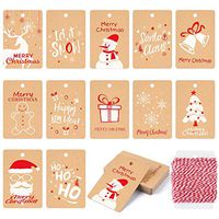 KUUQA 120Pcs Christmas Gift Tags Festival Kraft Paper Card for Christmas Gift Wrapping Label with Hanging Rope, 12 Different Styles
