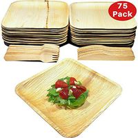 75 Piece Party Set | Palm Leaf Disposable Plates & Wooden Cutlery by Green Balk | 25 8” Square Plates, 25 Forks & 25 Knives | 100% Compostable & Biodegradable Premium Bamboo Palm Plate & Utensil Set