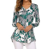 HNTDG Women Casual V-Neck Floral Print Button Plus Size Long Sleeve Swing Tunic Tops Shirts Green