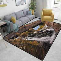 Landscape Paisley Customize Door Mats for Home Mat, Old Rustic Oak Covered Bridge over Cascading Waterfalls Rock Fall Season American City, Easy Maintenance Area Rug Living Room Bedroom Carpet(2'x 6')