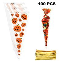 100 Pieces Halloween Cone Bags Halloween Clear Cellophane Bags Halloween Cellophane Bags Treat Bags with 150 Pieces Twist Ties for Halloween Easter Candy Cookie Storage, 15 x 6.3 Inches (Style Set 2)