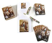 Dog Lover's Gift Set! - 4 Piece Bundle- One Custom Fine Art Writing Pen, One Matching Magnetic List Pad, One Matching Decorative Magnet, One Matching Deck Playing Cards (Basset Hound)