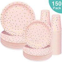 150 PCS Gold & Pink Paper Disposable Dinnerware Set - Birthday Anniversary Hawaii Wedding Valentine's Day Baby Shower Cocktail Party Supplies Tableware with 50 Dinner Plates,50 Dessert Plates, 50 Cups