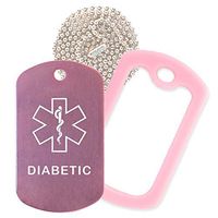 Diabetic Medical Alert ID Necklace with Pink Tag, Pink Silencer, and 30'' USA Chain - 154 Color Choices