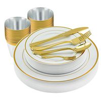 175 Pc Elegant Gold Rim Plastic Dinnerware Set | Bundle Includes Plates, Spoons, Forks, Knives, Cups | High-End Disposable Party Supplies For Weddings, Housewarming, Graduation & Parties