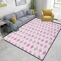 Love Moiré Kids Carpet Playmat Rug, Funny Cute Birds in Pink Hearts with Hats and Flowers Joyful Childish, Easy Maintenance Area Rug Living Room Bedroom Carpet(8'x 10') Pink Mint Green Pale Orange