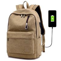 Large Capacity Backpack Canvas Notebook Bag Shoulder Book Bags with USB Charge Port for men&women (khaki)
