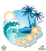 Tropical Ocean Beach Waves Palm Tree Vacation - 5" Vinyl Sticker - For Car Laptop I-Pad - Waterproof Decal