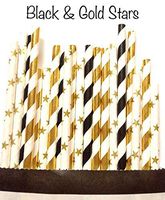 Black & Gold stars paper straws-graduation straws, new years eve party, twinkle twinkle little star party, oscar party (25 count)