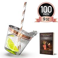 9 oz Rose Gold Rim Plastic Cups with Paper Straws - 100 Elegant Clear Rimmed Cocktail & Dessert Tumblers for Weddings & Special Events - Reusable or Disposable - With Drinks Recipe eBook
