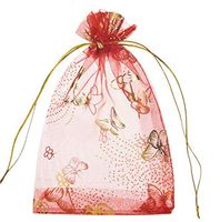 Lanswe 100 Pack Sheer Organza Drawstring Bags Butterfly Floral Print Jewelry Pouches Candy Gift Bags Wedding Party Favor Mesh Christmas Pouches (Red, 4''x6'')