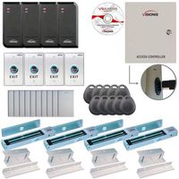 Visionis FPC-6206 Four Door Access Control TCP/IP RS-485 Wiegand for Inswing Door Electric 600lbs MagLock Controller Box, Power Supply, Black Indoor/Outdoor Card Reader, Software 10,000 Users Kit