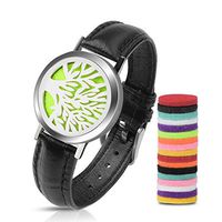Essential Oil Diffuser Leather Wrap Bracelet Set, Stainless Steel Tree of Life Aromatherapy Locket Bracelet for Women and Men with 18pcs Refill Pads(Black)