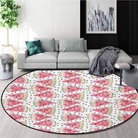 RUGSMAT Watercolor Dining Room Home Bedroom Carpet Floor Mat,Pattern of Sweet Juicy Pieces Watermelon with Seed Tropical Summer Non Slip Rug,Round-71 Inch Coral Pale Green Black