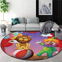 RUGSMAT Circus Machine Washable Round Bath Mat,A Lion and A Clown at The Circus Stage Theater Curtain Playing Performance Arts Non-Slip No-Shedding Bedroom Soft Floor Mat,Diameter-47 Inch