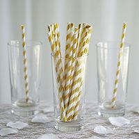BalsaCircle 150 pcs 8-Inch Gold and White Striped Paper Straws - Disposable Wedding Party Birthday Event Picnic Supplies