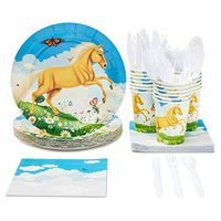 Disposable Dinnerware Set - Serves 24 - Horse Party Supplies for Kids Birthdays, Pony Design, Includes Plastic Knives, Spoons, Forks, Paper Plates, Napkins, Cups