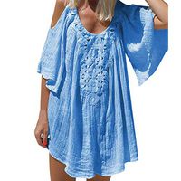 Women's Fashion Dresses Summer Cold Shoulder Half Sleeve Mini Dress Casual Bohemian Swing Ruffle Ruched Midi Dress (Blue, L)