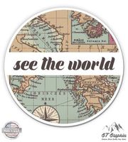 See the World Travel Retro Globe Map - 3" Vinyl Sticker - For Car Laptop I-Pad Phone Helmet Hard Hat - Waterproof Decal