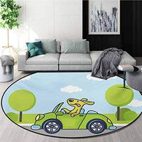RUGSMAT Dog Driver Dining Room Home Bedroom Carpet Floor Mat,Puppy On The Road Car Jack Russell Journey Terrier Speed Race Cartoon Non Slip Rug,Diameter-47 Inch Baby Blue Lime Green
