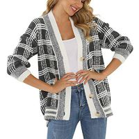 HNTDG Women Plaid Cardigan Color Block V-Neck Button Long Sleeve Knitted Sweater Loose Sweater Coat Black
