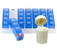 GMS® 4X/Day Weekly Pill Organizer with 4 Piece All-in-One Pill Cutter, Drinking Cup and Medication Storage (Blue Pill Boxes/White Tray)
