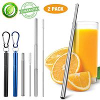 Metal Straws Collapsible Straws, 2 Pack Reusable Straws Food-Grade Portable Straw Stainless Steel Metal Telescopic Drinking Straws with Travel Aluminum Case & Cleaning Brush & Keychain (Black+Blue)