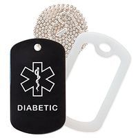 Diabetic Medical Alert ID Necklace with Black Tag, Clear Silencer, and 30'' USA Chain - 154 Color Choices