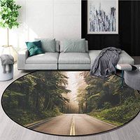 RUGSMAT Adventure Round Rug,Straight Highway in Northern California United States Nature Photography Carpet Door Pad for Bedroom/Living Room/Balcony/Kitchen Mat,Diameter-47 Inch Forest Green Grey