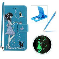 Herzzer Strap Wallet Leather Case for Galaxy Note 9,Luminous Flip Cover for Galaxy Note 9, Stylish Blue Flower Girl Butterfly Pattern Magnetic Stand PU Leather with Soft Rubber Case