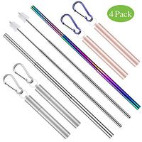 Beanlieve Portable Retractable Drinking Straw - 4 Pack 9.25'' Telescopic Stainless Steel Metal Straw for Party, Travel, Household(Silver+rose gold)
