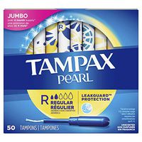Tampax Pearl Tampons Regular Absorbency with LeakGuard Braid, Unscented, 50 Count