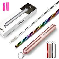 Longzon Reusable Collapsible Metal Straws, Foldable Portable Rainbow Telescopic Stainless Steel Drinking Straw with Travel Key-chain Case & Cleaning Brush (Rose Gold)
