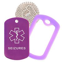 Seizures Medical Alert ID Necklace with Purple Tag, Purple Silencer, and 30'' USA Chain - 154 Color Choices