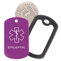 Epileptic Medical Alert ID Necklace with Purple Tag, Black Silencer, and 30'' USA Chain - 154 Color Choices