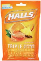 Halls Triple Soothing Action Cough Drops, Tropical Fruit, 30 Count Per Bag (4 Pack)