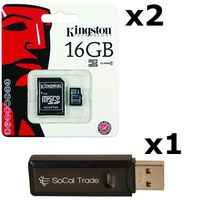 2 PACK - Kingston 16GB MicroSD HC Class 4 TF MicroSDHC TransFlash Memory Card SDC16/16GB 16G 16 GB GIGS (M.A16.RTx2.550) LOT OF 2 with USB SoCal Trade© SCT Dual Slot MicroSD & SD Memory Card Reader - Retail Packaging