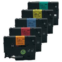QPMY 5 Pack Compatible for Brother P-Touch Laminated TZe TZ Label Tape 9mm 3/8 inch TZeB21 TZe421 TZe521 TZe621 TZe721 (Black Print on Orange Red Blue Yellow Green)