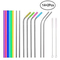 Reusable Drinking Straws, 8.5'' Stainless Steel Metal Straws and Flexible Silicone Replacement Straws Bpa-free - No Rubber Tast (7 Straight + 7 Bent + 2 Brushes)