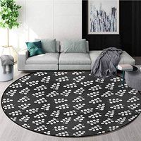 Grey And White Modern Machine Washable Round Bath Mat,Abstract Leaves Of Deciduous Trees Modern Monochrome Design Non-Slip Living Room Soft Floor Mat Diameter-39 Inch,Charcoal Grey And White