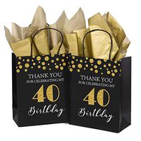 WRAPAHOLIC Medium Size Gift Bags - 12 Pack Thank you for Celebrating My 40 Birthday Black and Gold Glitter Paper Bags with Gold Tissue Paper for Birthday, Party, Anniversary, Wedding - 8" x 4" x 10"