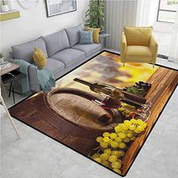 YucouHome Wine Paisley Door Mats Outdoor, Red and White Wine Bottle Glass on Wooden Keg Quality Taste Traditional, Fashionable High Class Living Bedroom Rugs(2.5'x 9') Brown Pale Green Yellow