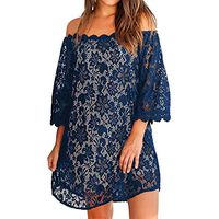 JQjian Summer Sexy Off Shouder Lace Shift Loose Beach Party Mini Dress for Women (2XL, Blue)