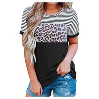 Meikosks Ladies Stripe Leopard Color Block T Shirt Short Sleeve Crewneck Blouses Splice Tops Black