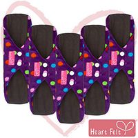 Sanitary Reusable Cloth Menstrual Pads by Heart Felt. 5 Pack Washable Natural Organic Napkins with Charcoal Absorbency Layer. Overnight Long Panty Liners for Comfort Support and Incontinence