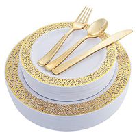 100 Piece Gold Plastic Plates with Disposable Silverware, Elegant Lace Dinnerware Set Service for 20 People Includes : 20 Dinner Plates 10.25", 20 Dessert Plates 7.5", 20 Forks, 20 Knives, 20 Spoons