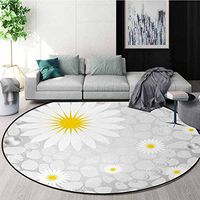 Grey And Yellow Round Kids Rugs,Hawaiian Island Flowers On Abstract Animal Print Theme Backdrop Learning Carpet Non Skid Nursery Kids Area Rug For Playroom Round-71 Inch,White And Light Grey