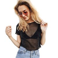 EUBUY Ladies Sexy Mesh Lace Perspective Blouse Short Sleeve Transparent Shirt Tank Top Black S